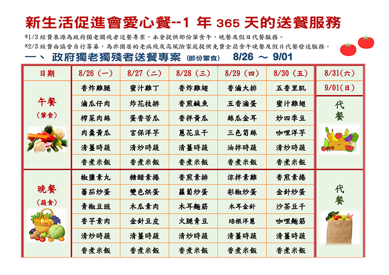 新生活促進會愛心餐 108年8月26日至108年9月1日