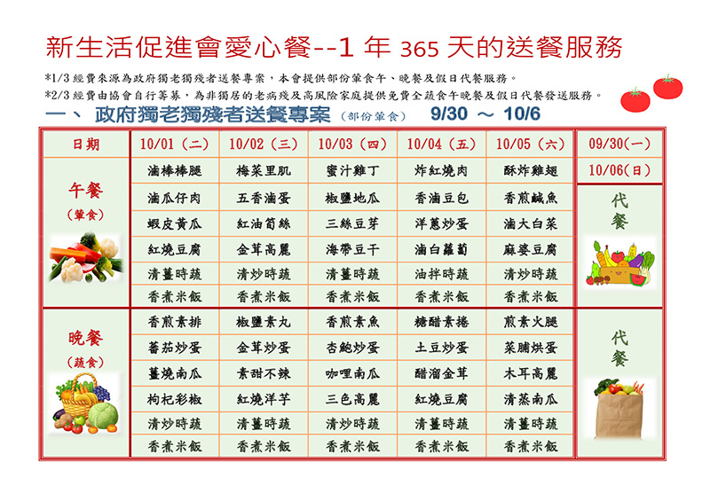 新生活促進會愛心餐108年9月30日至108年10月6日