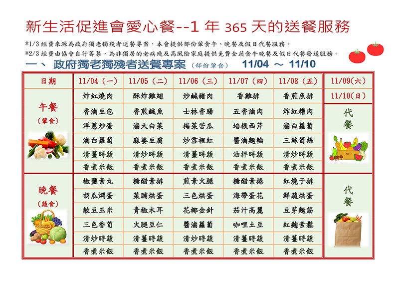 新生活促進會愛心餐108年11月04日至108年11月10日